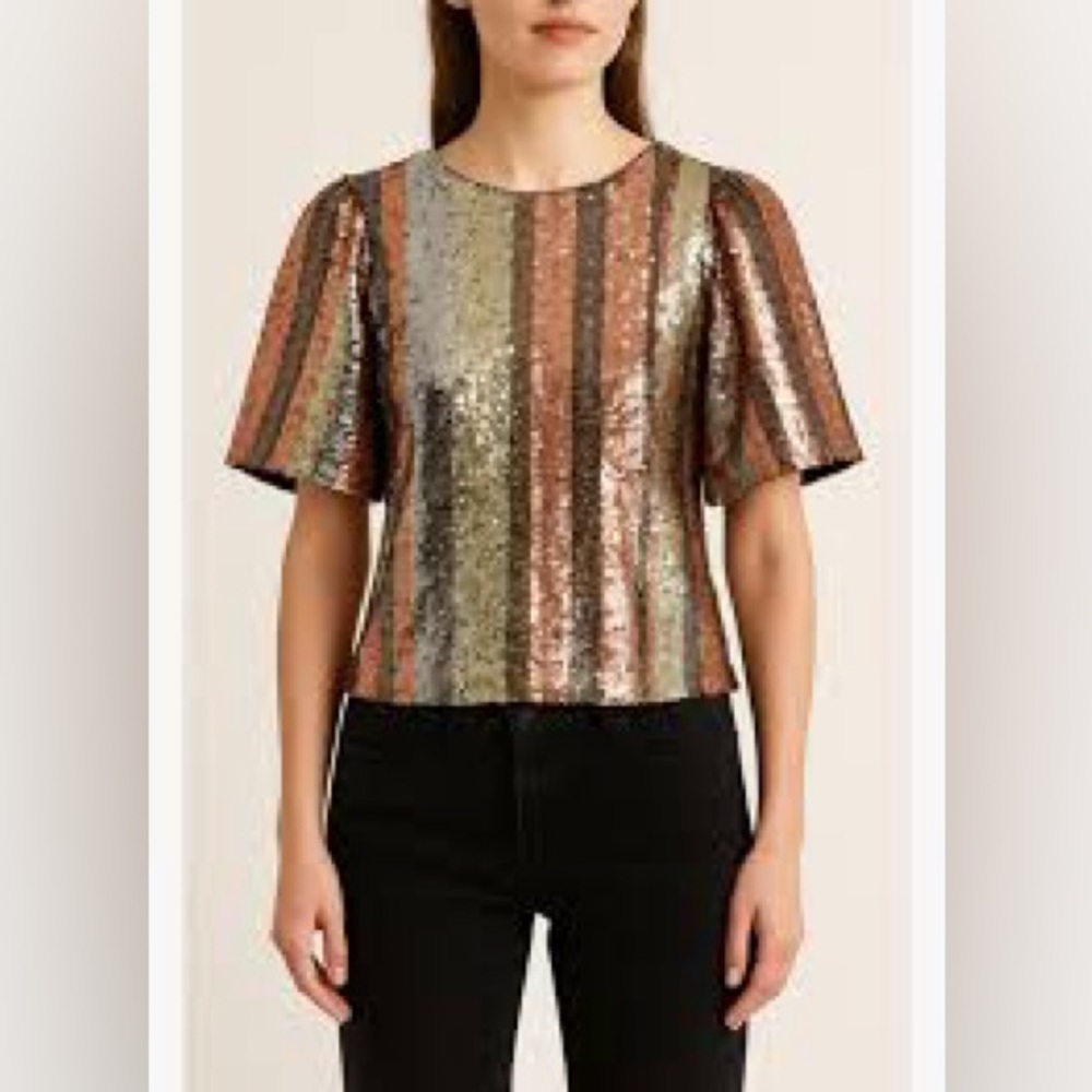 Sézane Sequin Striped Top blouse Multicolor short sleeve size 36 party